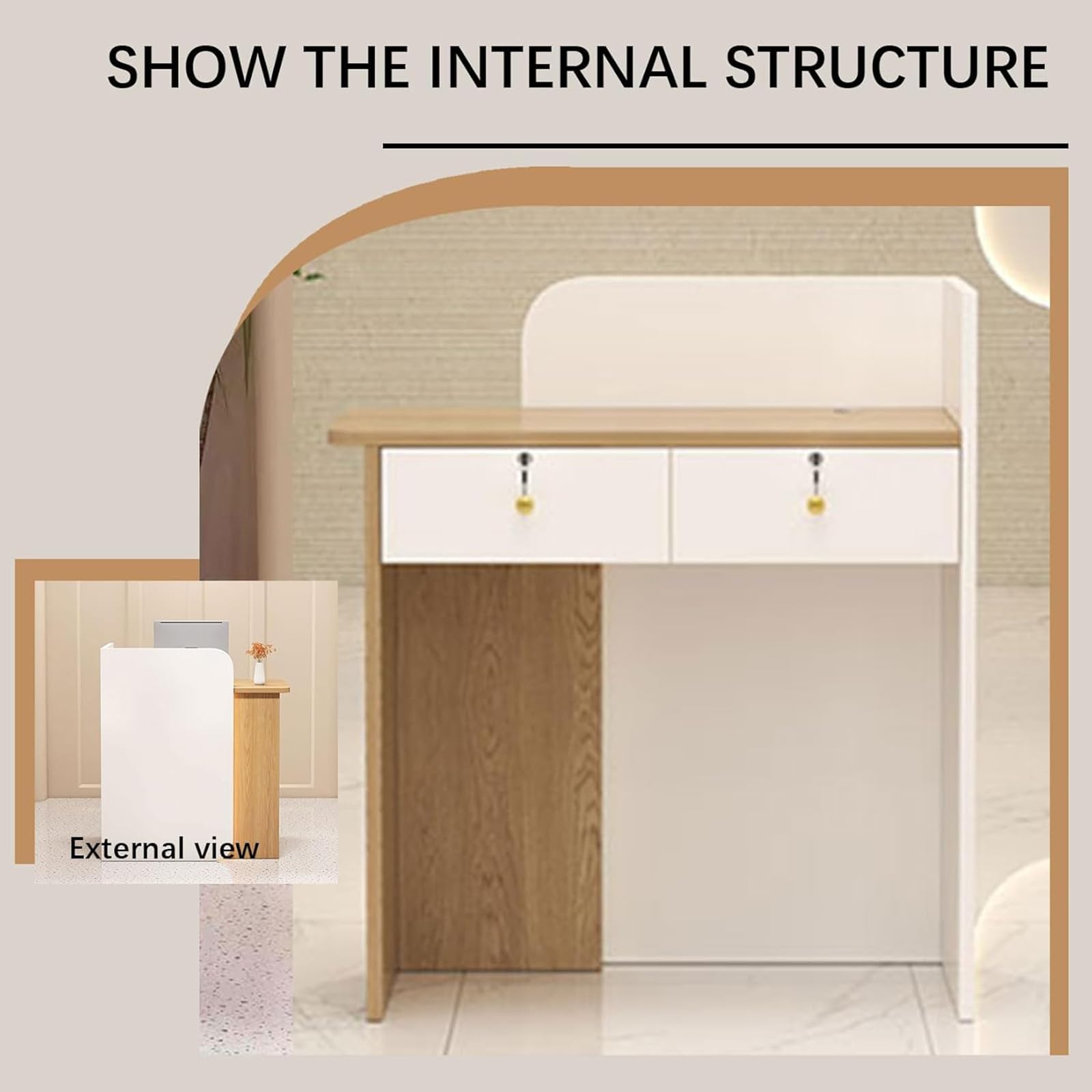 Reception compatta con cassetti per supermercati e minimarket, versatile scrivania in legno per casa, ufficio o segretaria, design salvaspazio, 60 x 45 x 95 cm