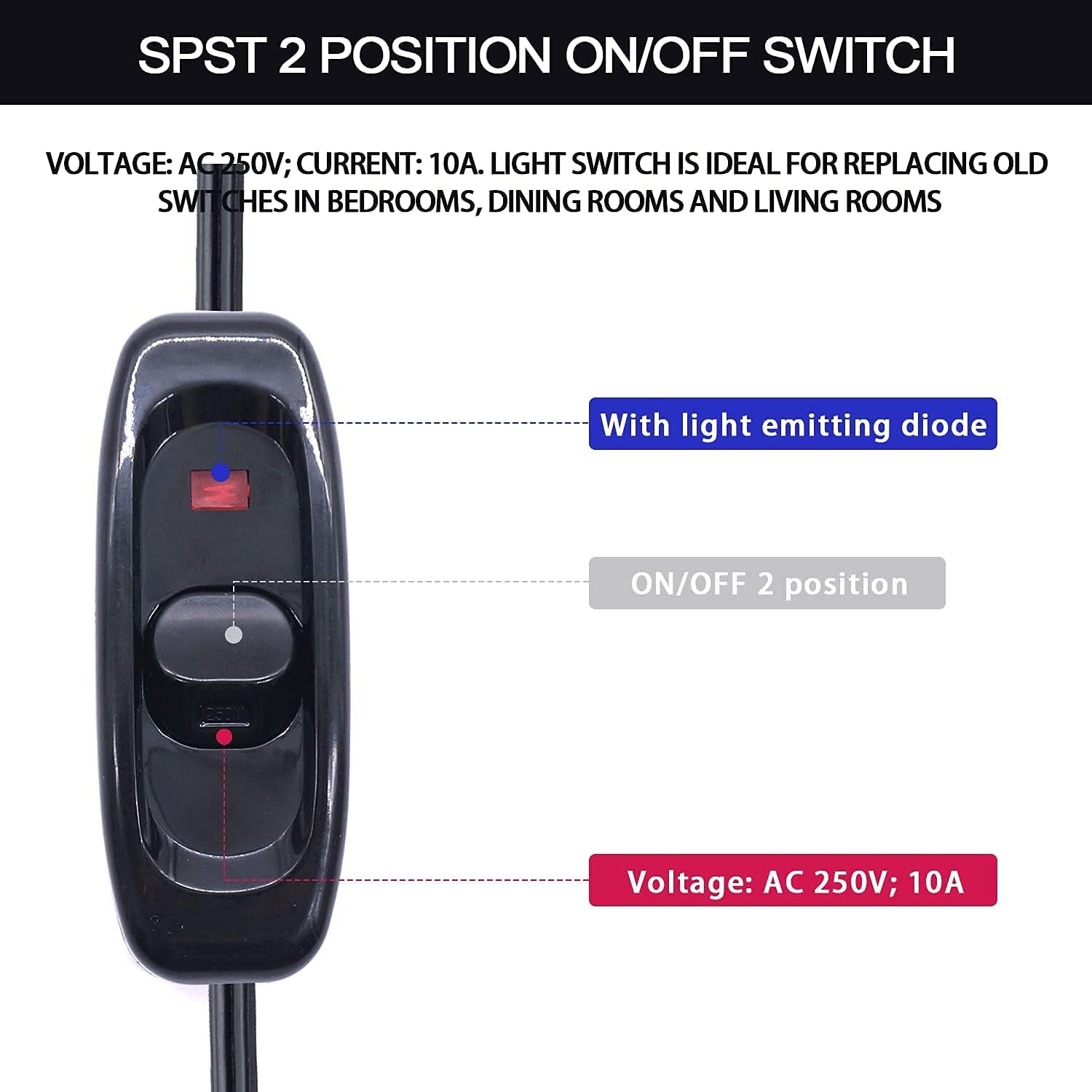 mankk Inline Switch for Lamp Cord 18AWG Black AC 250V 10A On Off Red LED Light Switch With Cable Plug GW320-X-BK - - 