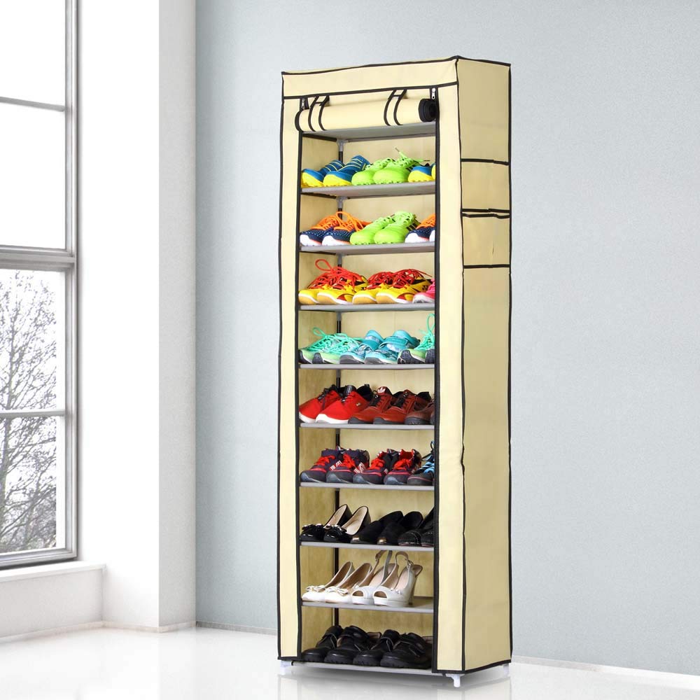 BAKAJI Scarpiera Armadio Salvaspazio 11 Ripiani 60x30x175cm Fino a 30 Paia di Scarpe Struttura Acciaio e Rivestimento in Tessuto TNT Impermeabile con Chiusura Zip Antipolvere (Beige)