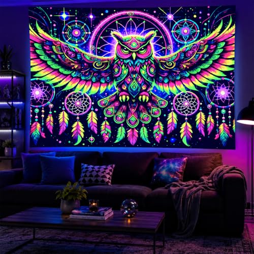 Image of BlissYard Owl Dreamcatcher Blacklight Tapestry Wall Art 78x59 Inch Neon Psychedelic Glow in Dark Backdrop Blacklight Tapestry Trippy Cosmic Bird Feather Scene for Bedroom Dorm Party Room Decorate