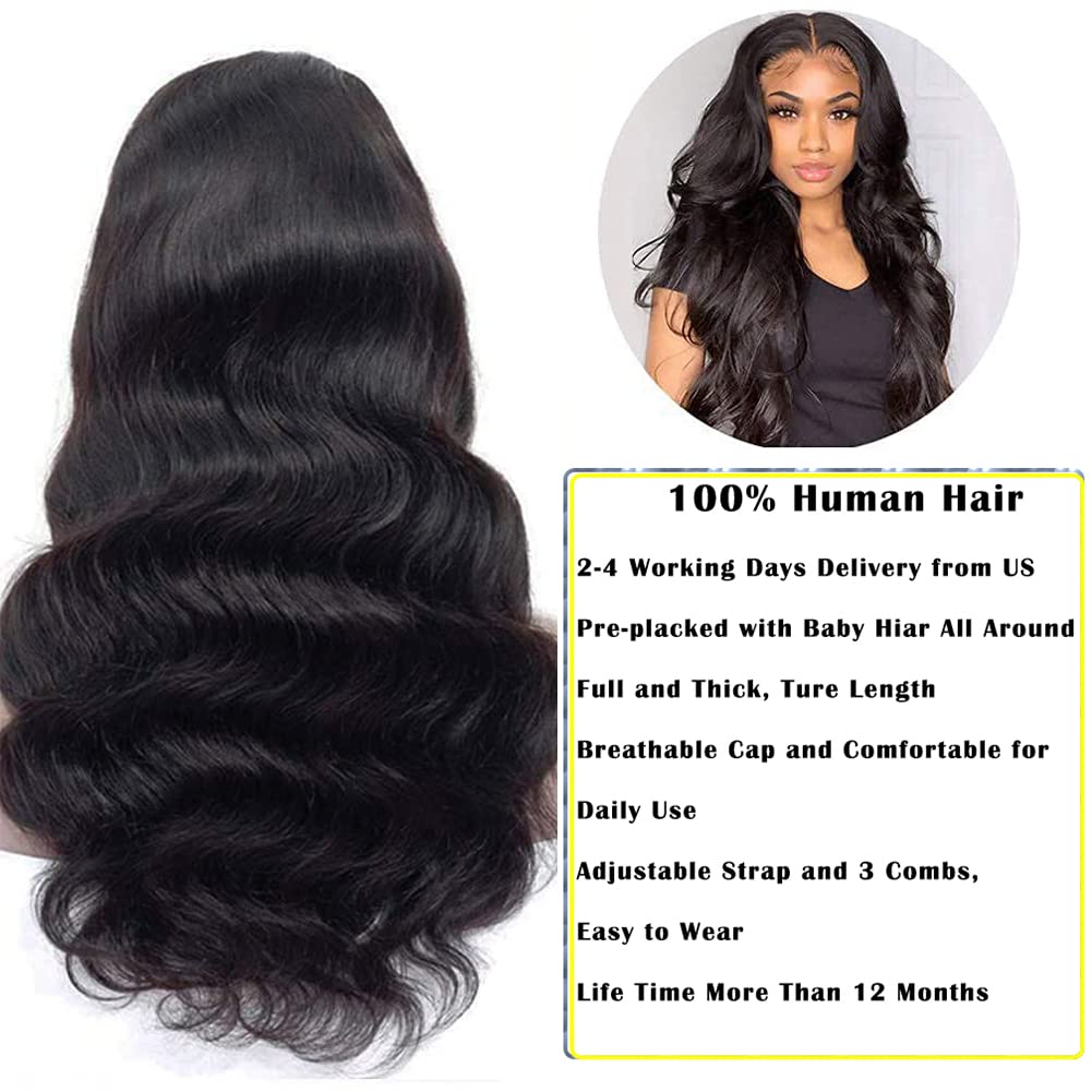 26 inch Body Wave Lace Front Wigs Human Hair Pre Plucked HD Lace Closure Wig Human Hair Natural Hairline 150 Density Glueless Wigs for Black Women Natural Color T-part 4x1 Lace