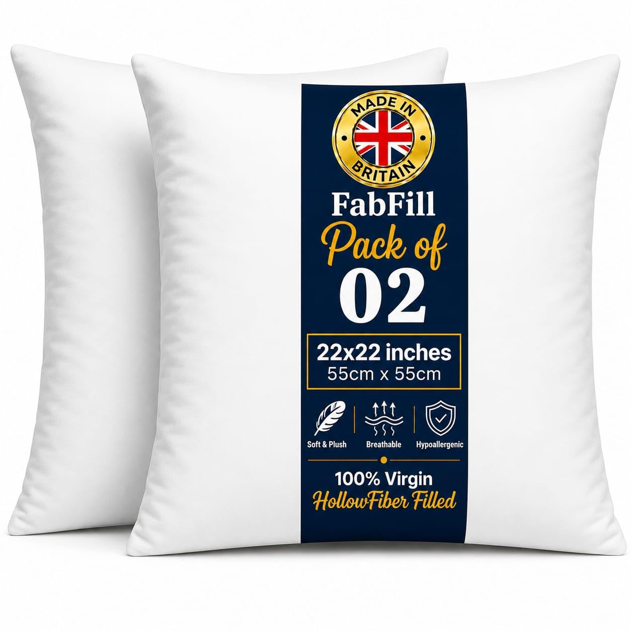 FabFill Cushion Inserts, Luxury Hollow Fibre Cushion Pads, Soft Fluffy Square Pillow Fillings for Sofa, Bedroom & Home Decoration, Made in UK (55x55cm(22x22), Set of 2)