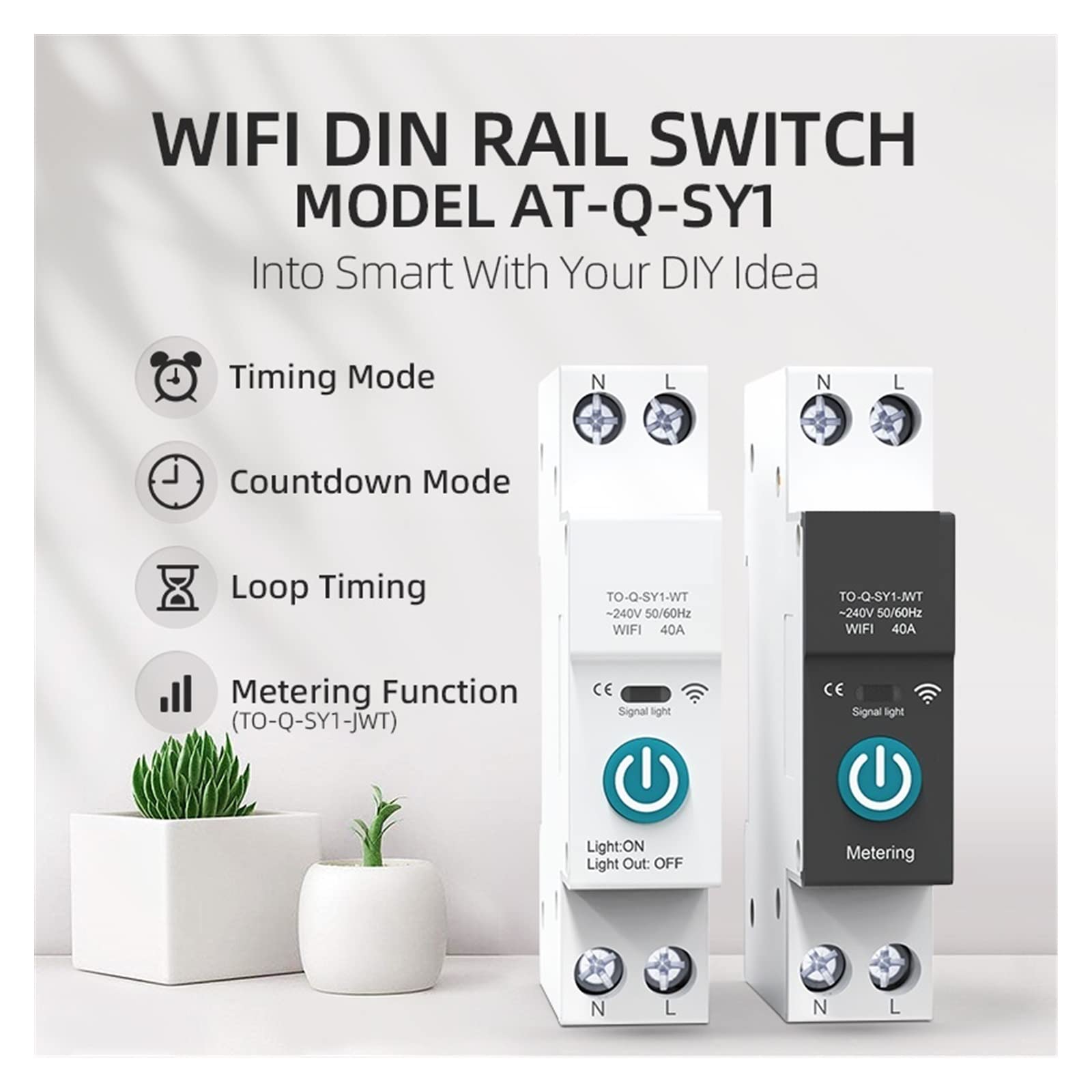 Medidor De Consumo Electrico, Interruptor disyuntor Inteligente Tuya con medición 63A1P DIN Rail Control Remoto Smart Home App Timer Module, Fácil de Instalar(White No metering,32A)