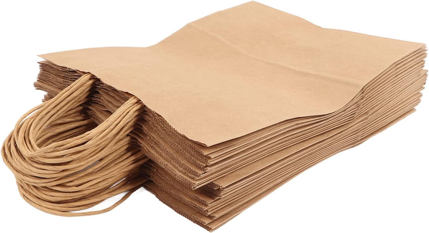50PCS Kraft Paper Bags with Handle, Reusable Shopping Tote Bags, Large Capacity Brown Paper Gift Bags for Food Packaging and Retail Use (270x210x110mm)