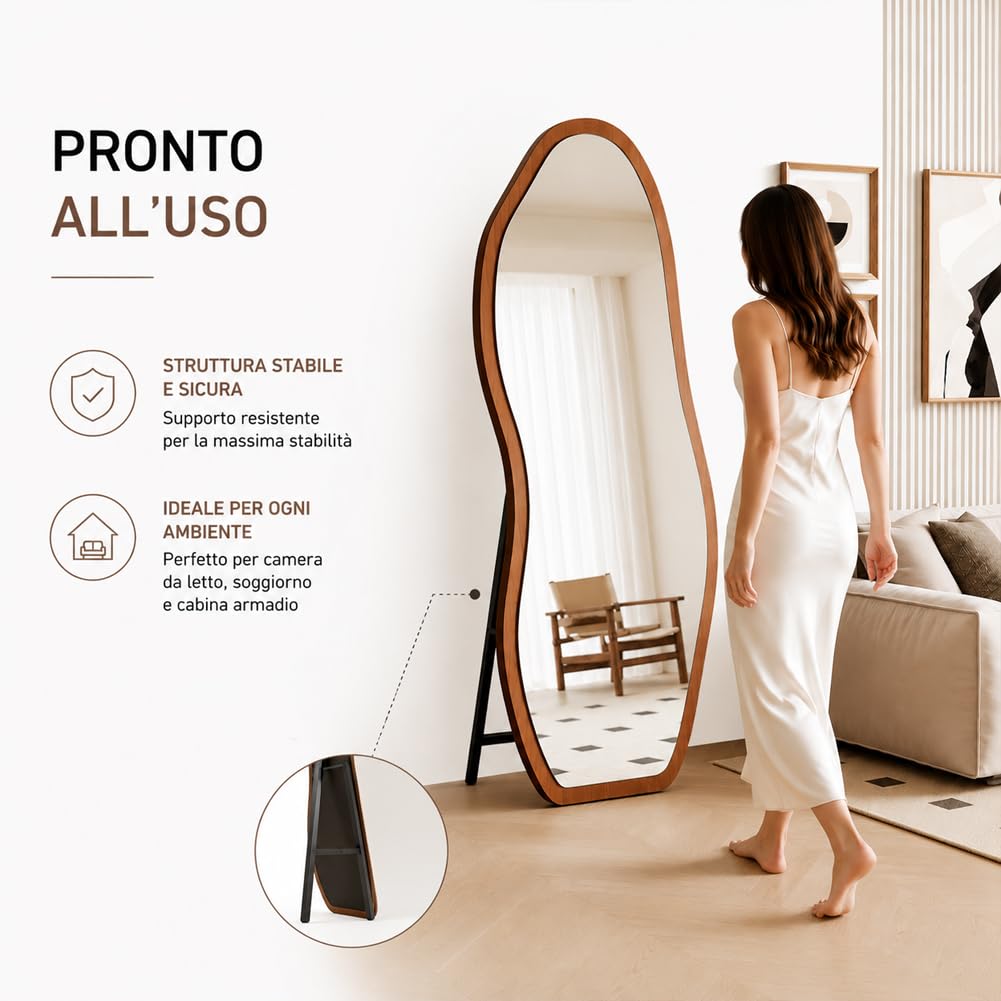 Shally Dogan Specchio ad Onda Rovere Figura Intera Indipendente Autoportante con Struttura in Legno da Pavimento Terra, Design Moderno, Decorazione da Interni per Camera da Letto, Ingresso 160 x 60 cm