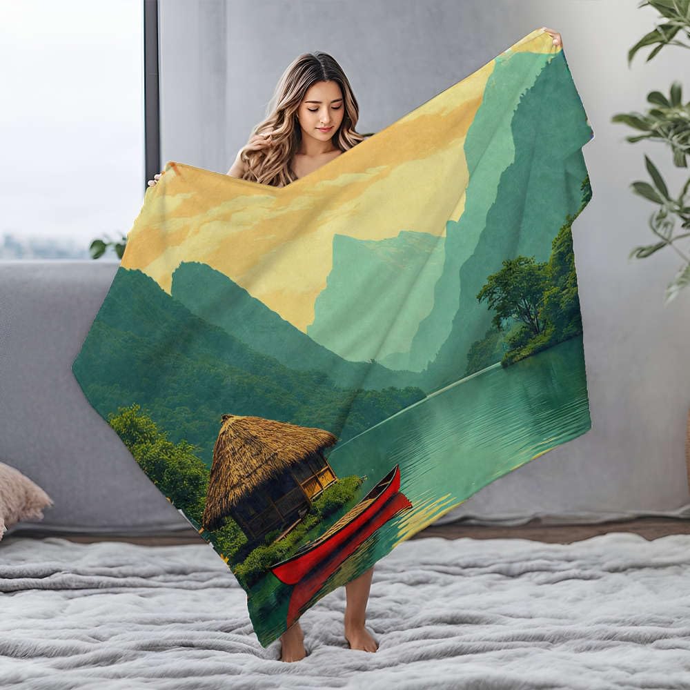 Koce dziecięce Spokojne jezioro otoczone bujnymi górami z czerwoną łódką na pierwszym planie. koc flanelowy koce dziecięce prezenty wielkanocne (150 x 200 cm)