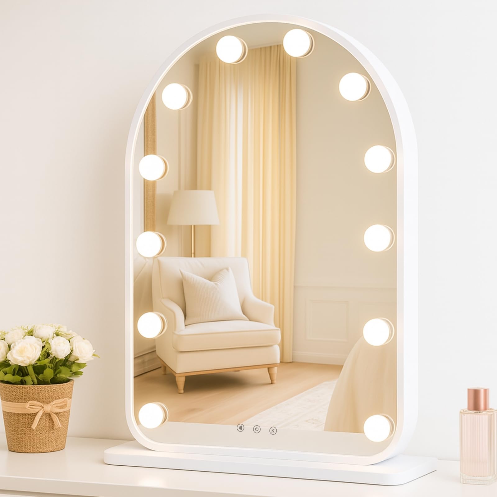 luxfurni vanity mirror with lights, 24.5" x 15.8" arched led makeup mirror, lighted hollywood mirror with lights, smart touch control dimmable 3 modes light, white