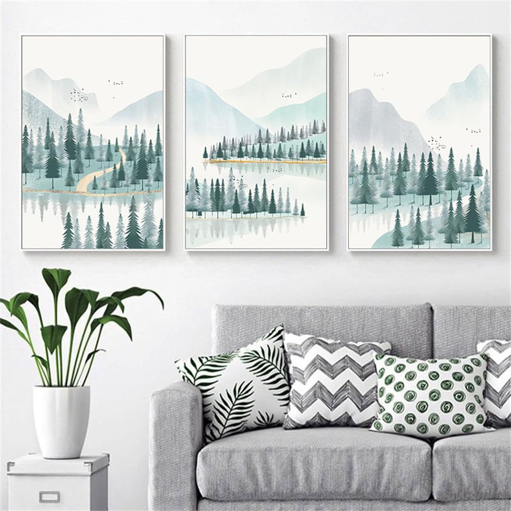 WBYZAC Botanical Posters-Green Forest Mountain Abstract Artwork Poster Aesthetic Illustration Art Painting HD Canvas Print Wall Picture Kitchen Home Room Decor-60 * 70cm*3PCS (No Frame)