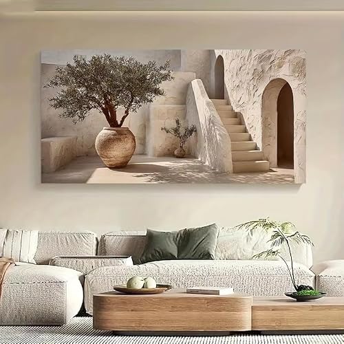 AEFOUU Canvas Artist's Home Painting for Large Mural Posters Living Room, Porches, Desert Oases with Olive Trees and Stairs(30x60cm/12x24in/Frameless)