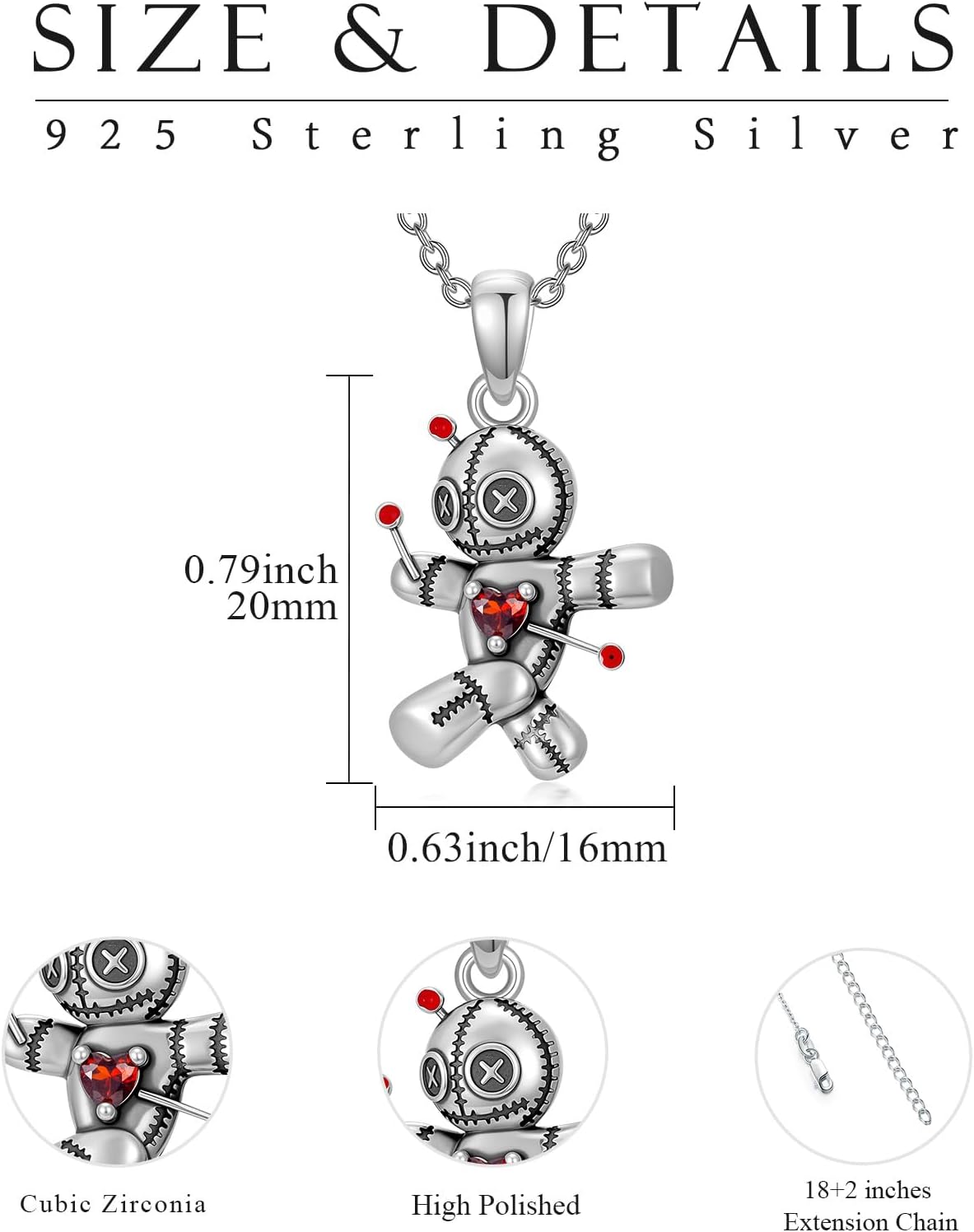 Voodoo Dolls Necklace, Gothic Necklace for Women Sterling Silver Voodoo Pendant Jewelry Halloween Birthday Mother's Day Gift