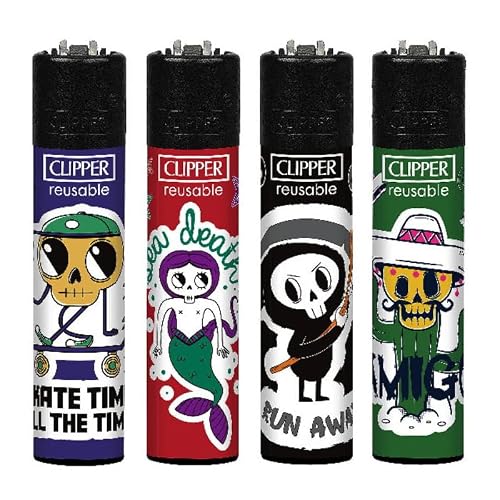 4 x Clipper Lighters Set, Clipper Lighter Refillable Collectible gas lighter, Replaceable Cool Novelty Lighters STICKER SKULLS (No Fuel)