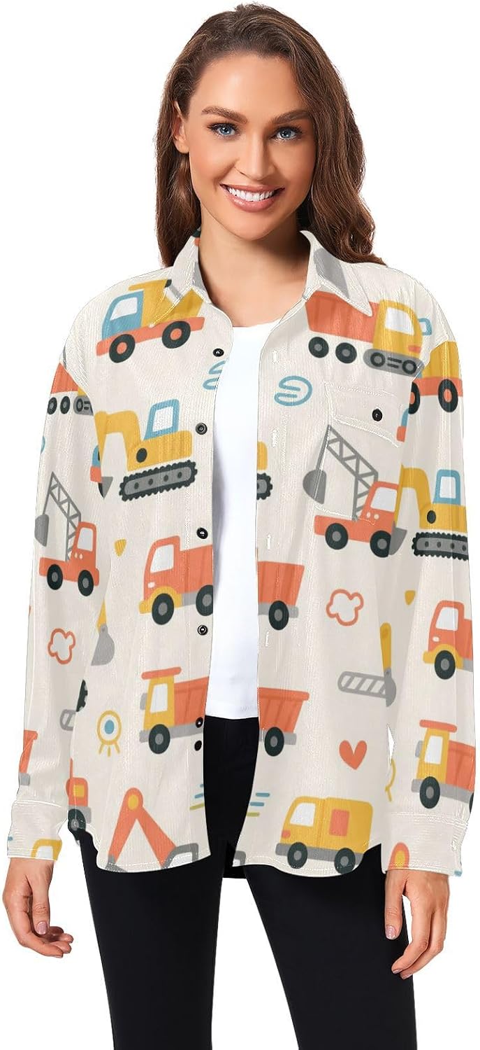 Cartoon Vehicle Off White Colorful Woolen Cord Fabric Long Sleeve Thermal Shirt Men for Women Party with Pockets