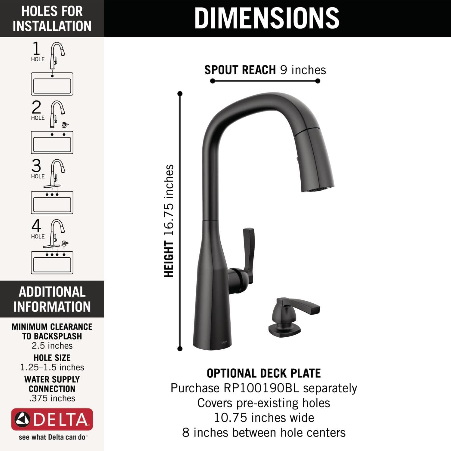 Delta Faucet Stryke Matte Black Kitchen Faucet Black, Kitchen Faucets with Pull Down Sprayer, Kitchen Sink Faucet with Magnetic Docking, Soap Dispenser Included, Matte Black 9176-BL-DST