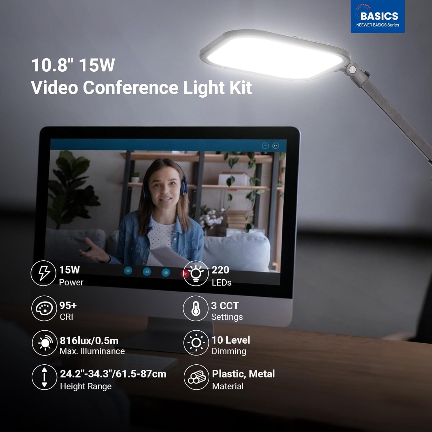 NEEWER Basics 10,8" oświetlenie punktowe do wideokonferencji z uchwytem biurkowym, 15 W dwukolorowa krawędź Lit Full Screen Ściemnialne światło CRI95+ do nagrywania wideo, laptopa, kamery internetowej