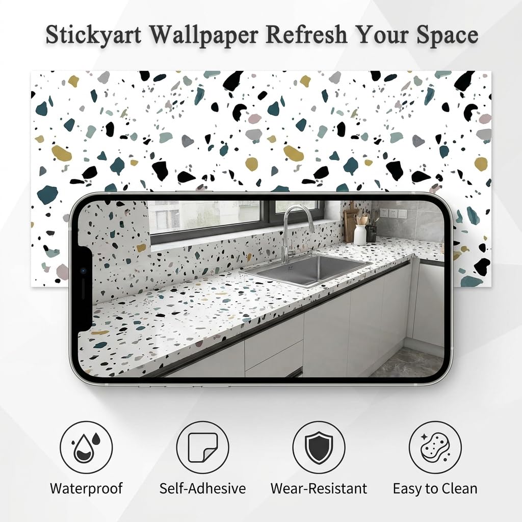 Stickyart Vinilo Adhesivo Muebles Efecto Terrazo Blanco 90cmX400cm Rollo Papel Adhesivo Para Muebles Cocina Papel Pintado Autoadhesivo Pared Lavable Vinilo Encimera Vinilos Bano Revestimiento Cajones