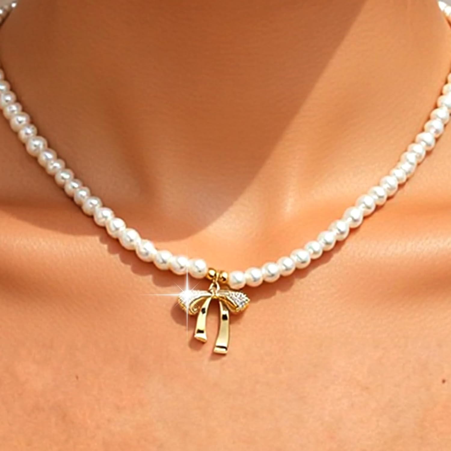 Sonateomber Gold Pearls Bow Charm Choker Necklaces for Women, Dainty Ribbon Pendant Pearl Necklace Wedding Prom Accessories Fashion Jewelry Gift - Image 8