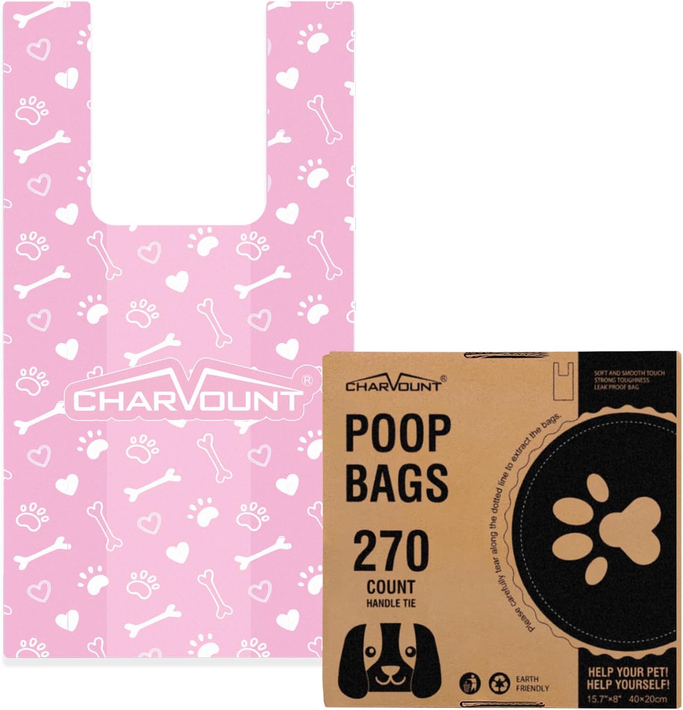 Charmount 270 Counts Unscented Dog Poop Bags Rolls with Handles, 16″x8″Extra Thick Pet Waste Bag, Leak Proof and Easy Tie, Cat Litter Bags, Pink