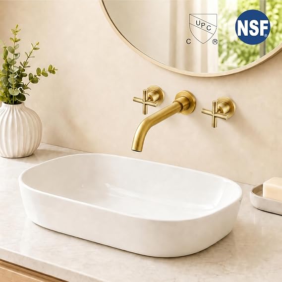 Midanya Wall Mounted Bathroom Sink Faucet,Double Handle 3 Holes Widespread Vanity Sink Mixer Tap with Rough in Valve Dual Cross Handles Faucets,Antique Brass
