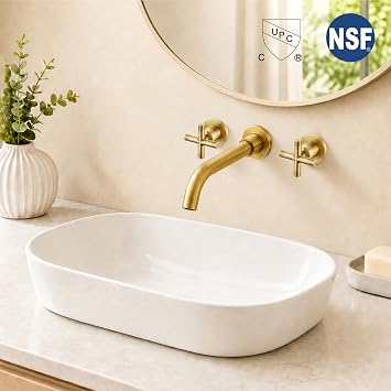 Midanya Wall Mounted Bathroom Sink Faucet,Double Handle 3 Holes Widespread Vanity Sink Mixer Tap with Rough in Valve Dual Cross Handles Faucets,Antique Brass