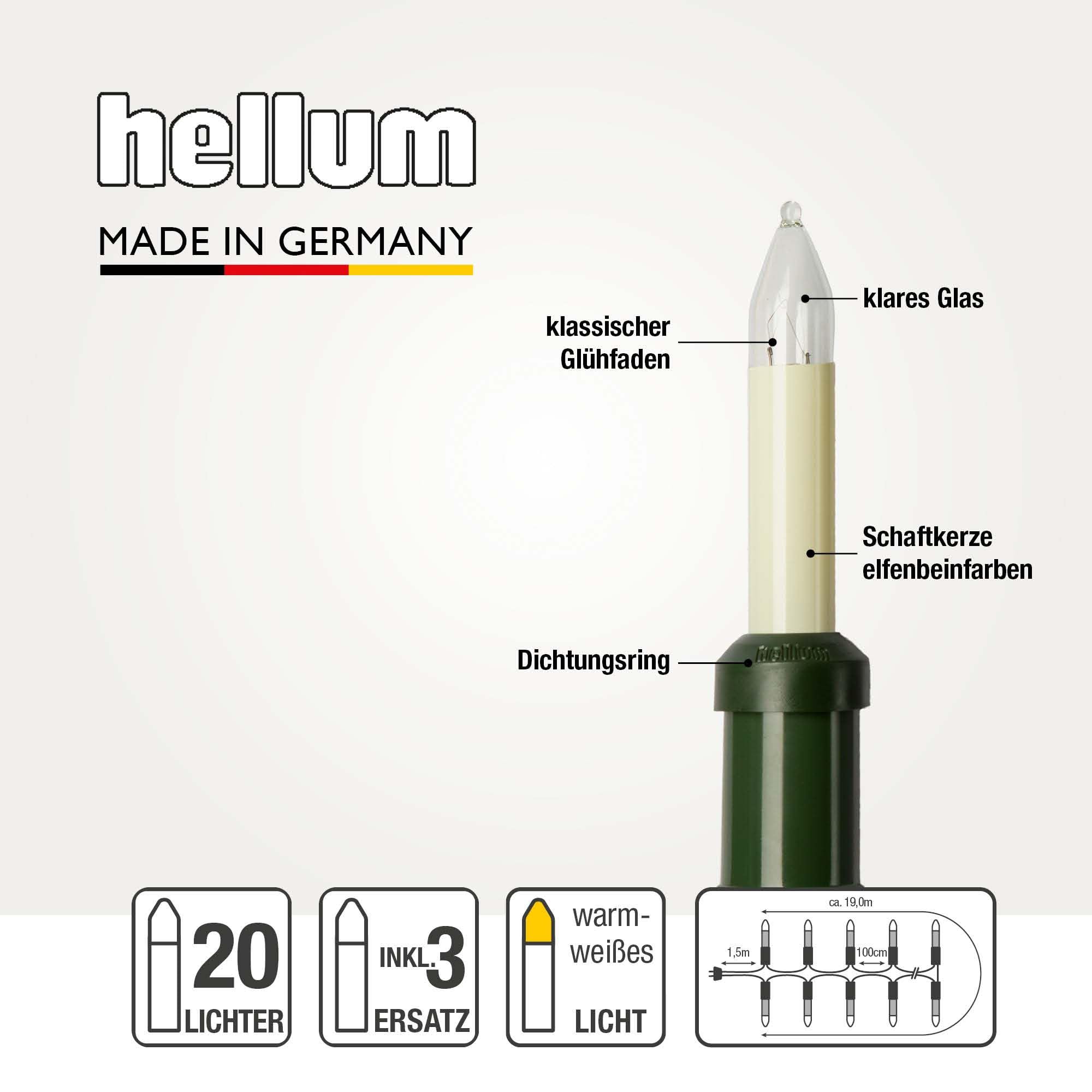 hellum Kerzen Lichterkette mit 20 Lichtern für außen, teilbarer Stecker | Made in Germany warmweiß, Kerzen Lichterkette mit Clip, 19m beleuchtet, Kabel schwarz, inkl. 3 Ersatzkerzen <59lm 430011