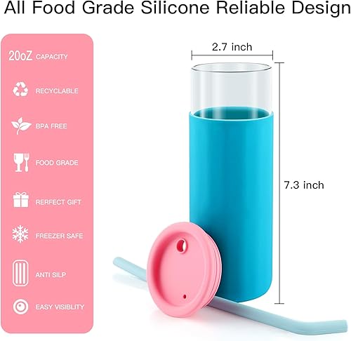 Miniatura 2 de Taza para café helado con tapas y popote, botella de agua de vidrio de 20 onzas con funda protectora de silicona, reutilizable, lindo vaso para