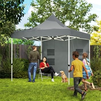 10x10 Pop Up Canopy Tent,One-Button Push Setup,Pop Up Tent with 1 Sidewall and 4 Pockets,Adjustable Height Instant Portable Shelter,4 Weight Bags,Sun Shade for Events & Beach Grey