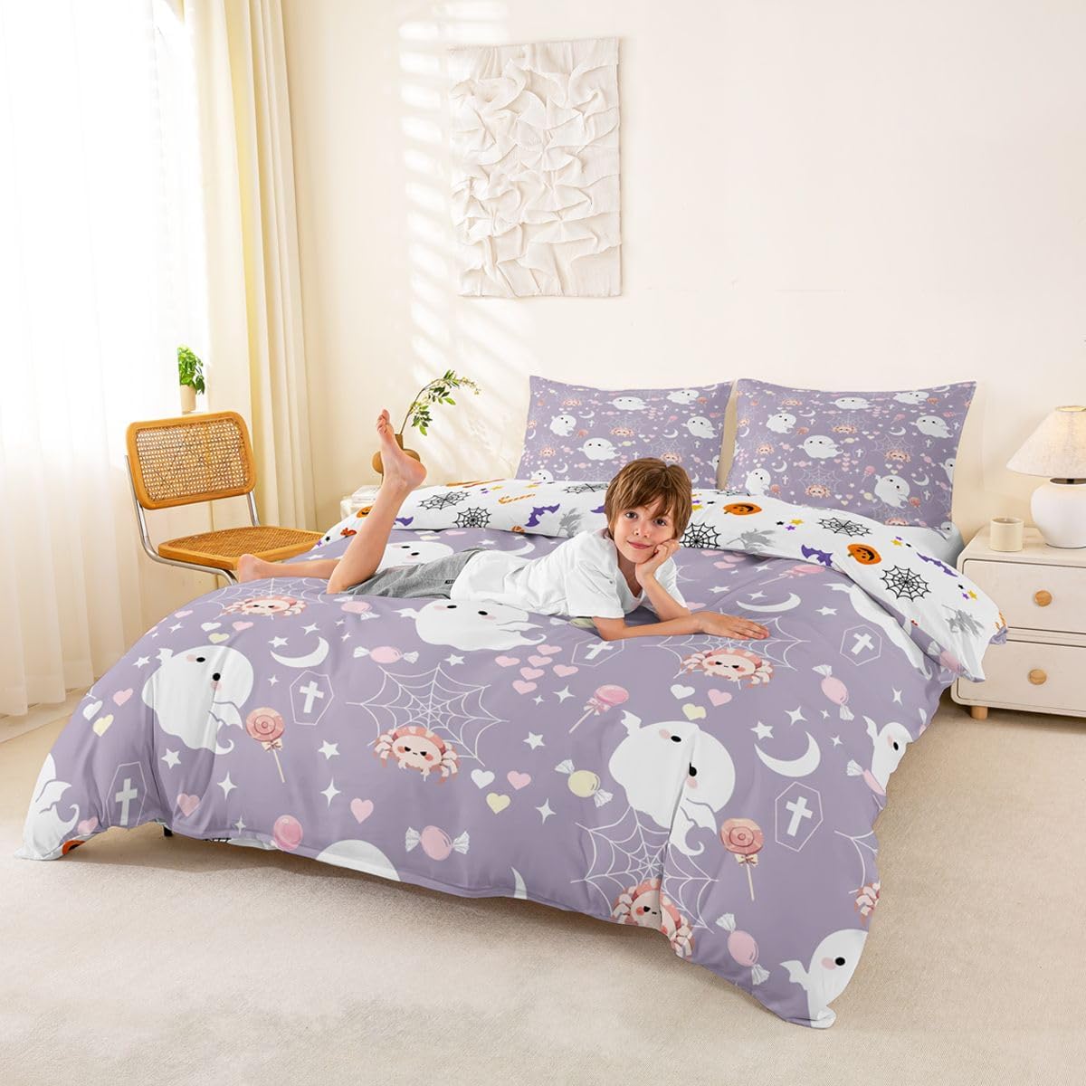 Cute Ghost Lavender Duvet Cover Toddler Size,Cartoon Spider Web Bedding Sets 2Pcs for Kids Girls Boys Adult Room Decor,Candy Love Star Moon Quilt Cover, Happy Halloween No Comforter,1 Pillowcase