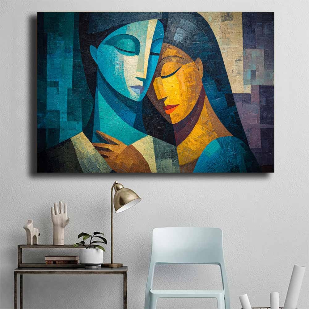 WUFIEA Ogólny abstrakcyjny obraz na płótnie niebieski i żółty uścisk do salonu sypialni biura dekoracja (granatowy 20) - 40 x 60 cm oprawiony