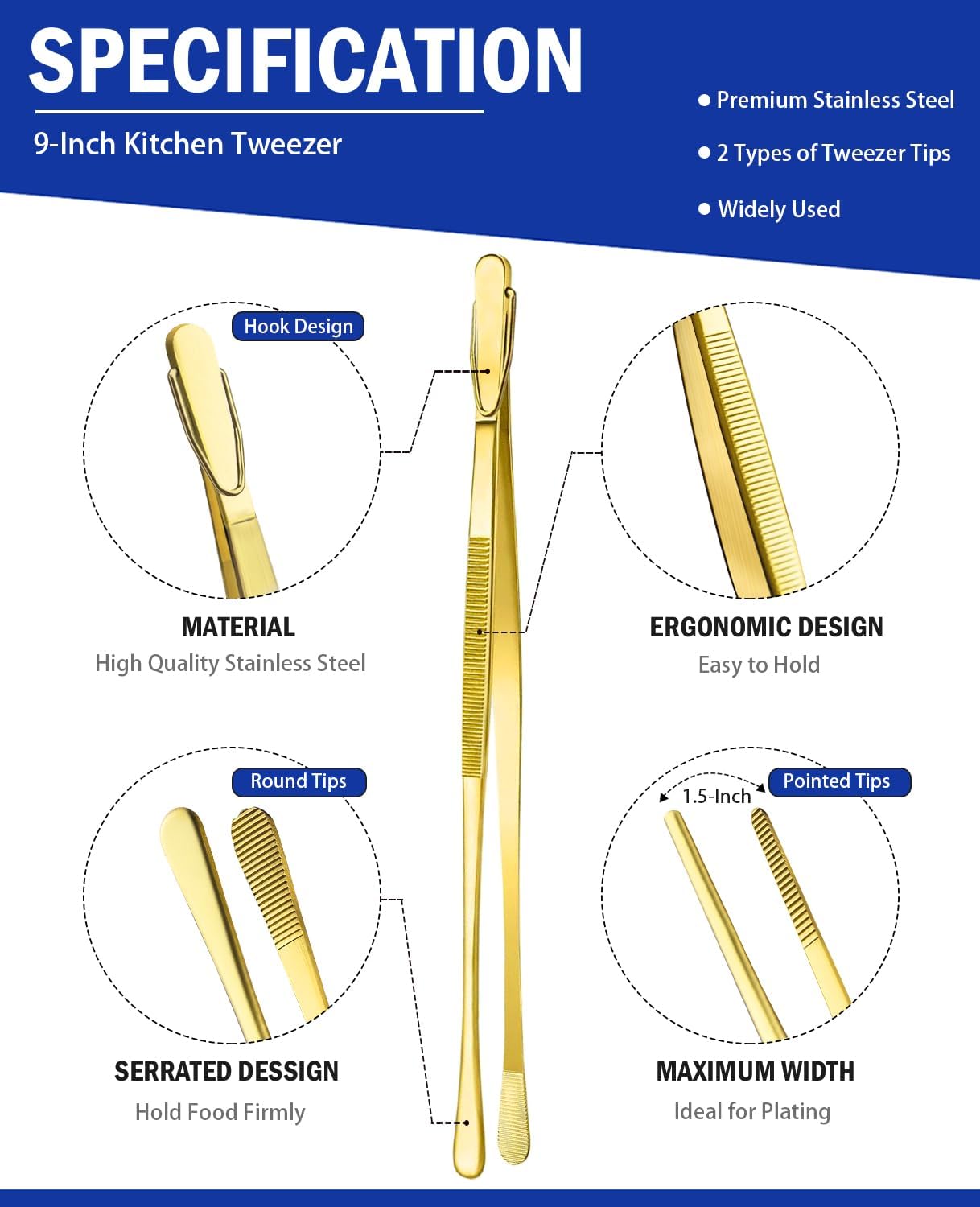 JETKONG 2 Pcs 9-Inch Cooking Tweezers Stainless Steel Food Tweezers Kitchen Tweezer Tongs (Gold) 9+9 Inch Gold