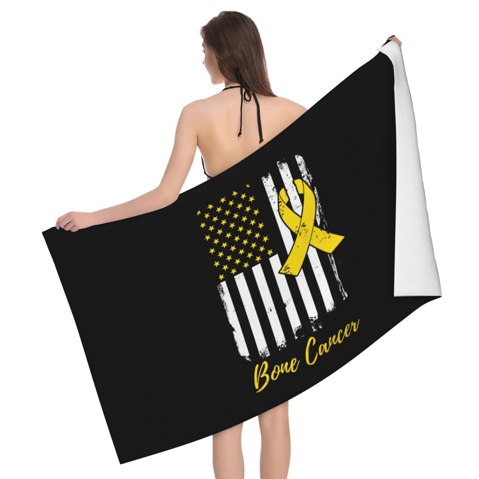 Lsjuee American Flag Bone Cancer Awareness Bath Towel Absorb Water Quick Dry Bath Towel, for Beach, Swimming Pool, Camping