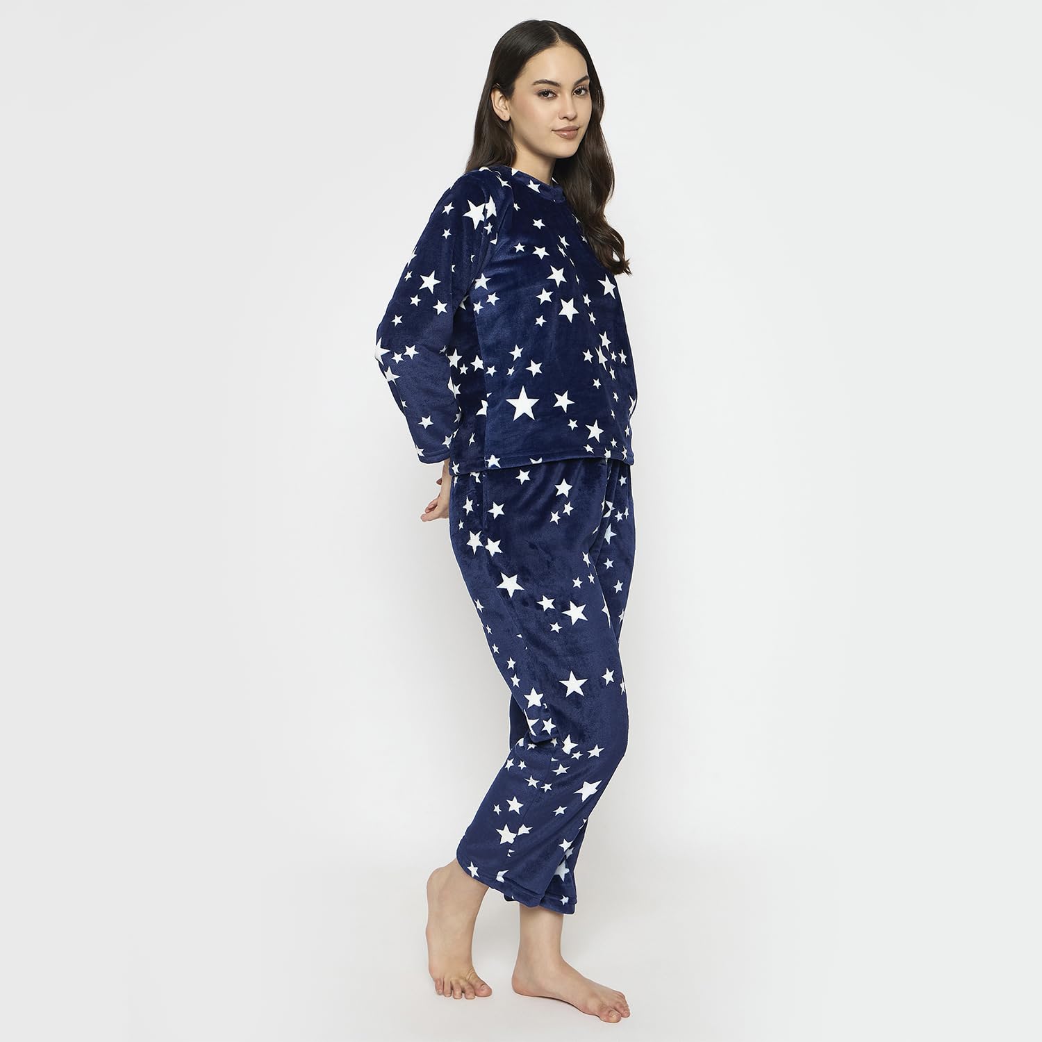 CAMEY Women's Winter Full Sleeve Top and Pajama Pants Regular Fit Night Suit Round/V-Neck Top and Pyjama Sets Ladies Night Dress (Navy White, XL) - Image 4 thumbnail