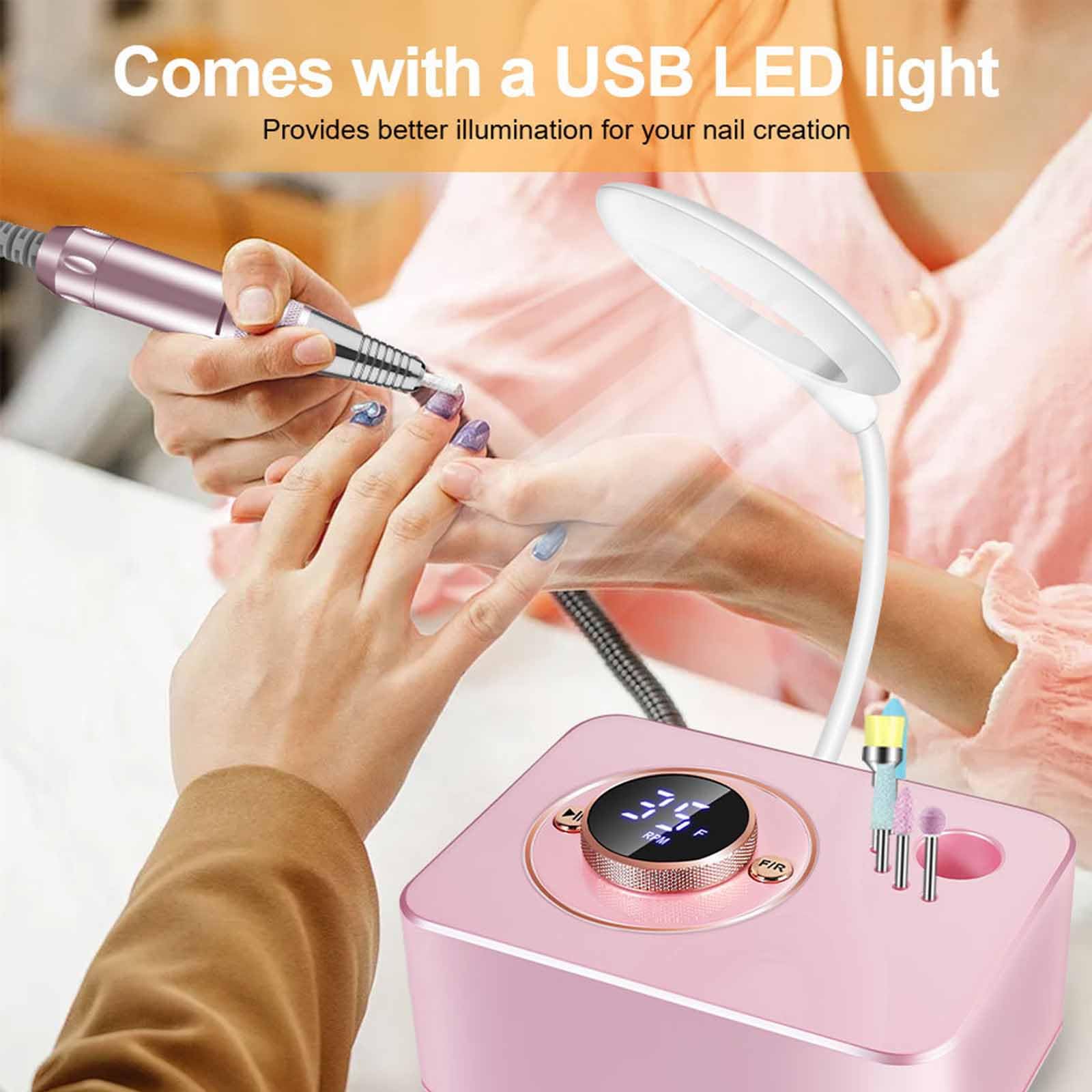 Stal nierdzewna nierdzewna maszyna do paznokci, przenośne żelowe pliki do paznokci są dostarczane z USB LED Light 5 Gniazdek szlifowania Usuń martwą skórę, złuszczanie