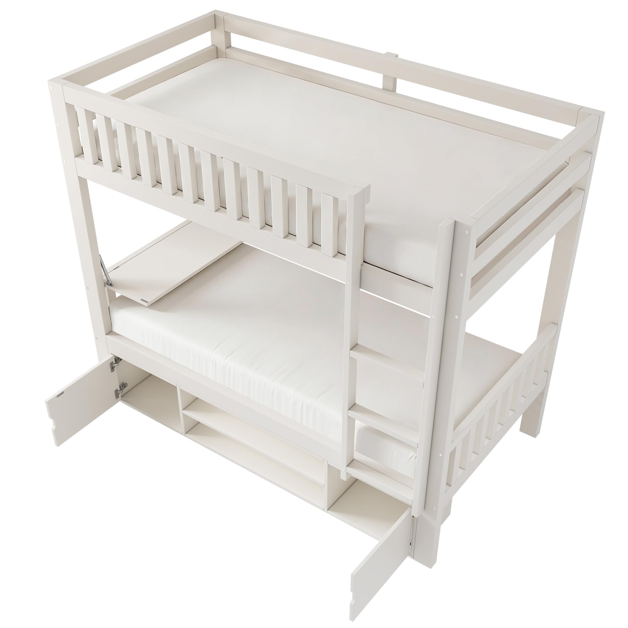 SACOOL Cama alta infantil blanca de 90 × 200 cm con tablero plegable y zapatero integrado, somier, solución todo en uno, certificado EN 747, sin colchón, color blanco