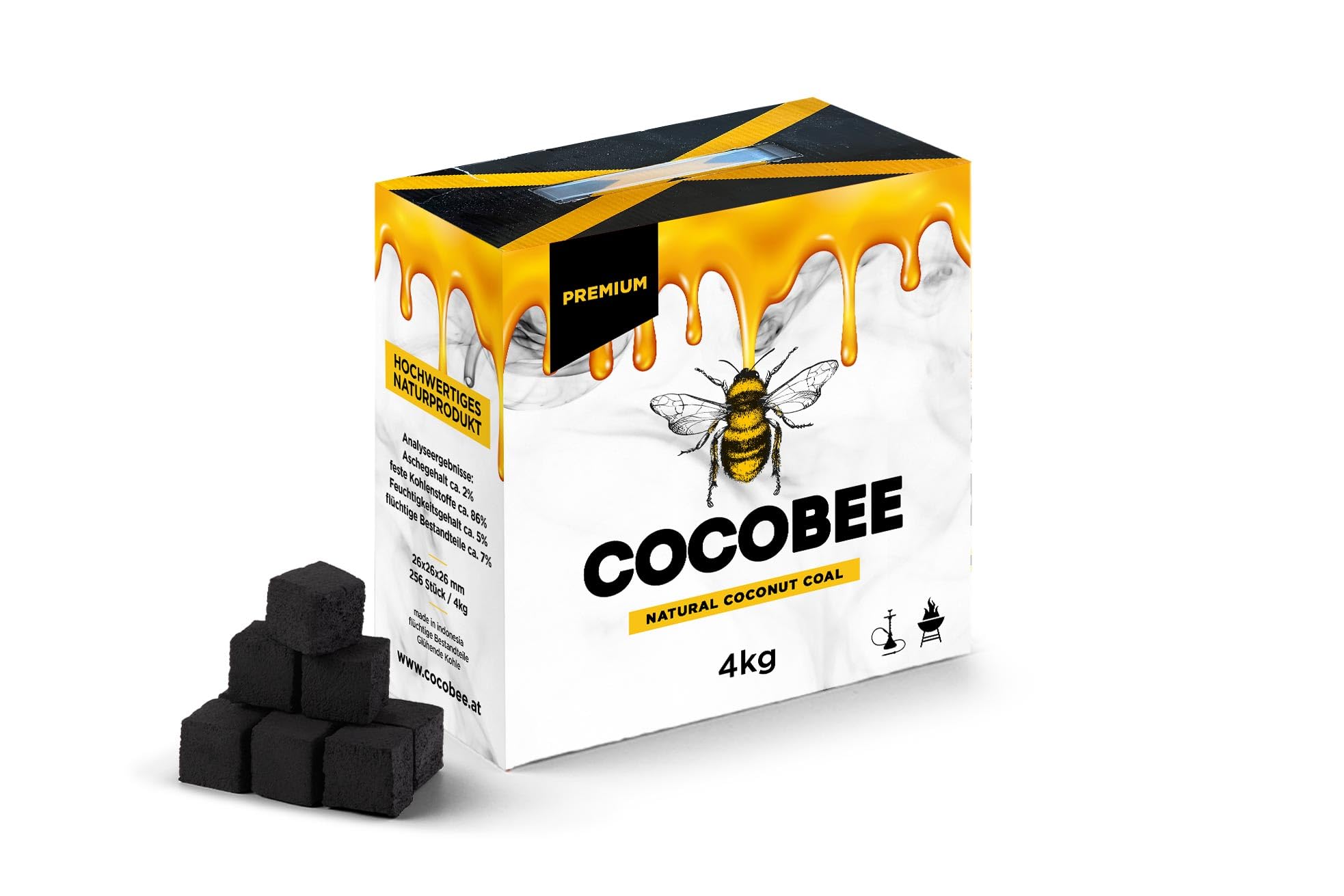 Black Coconut Carbón DISPAU COCOBEE Premium de 26 X 26 MM Carbón Natural de Coco Premium Cachimba y BBQ - Briquetas de Carbón de Coco Shisha y Barbacoas. (4 KG, 256 Unidad)