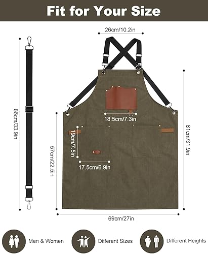 Miniatura 5 de Delantales de chef para hombres profesionales, 3 bolsillos espaciosos, delantal de barbacoa para hombres y mujeres, espalda cruzada ajustable para