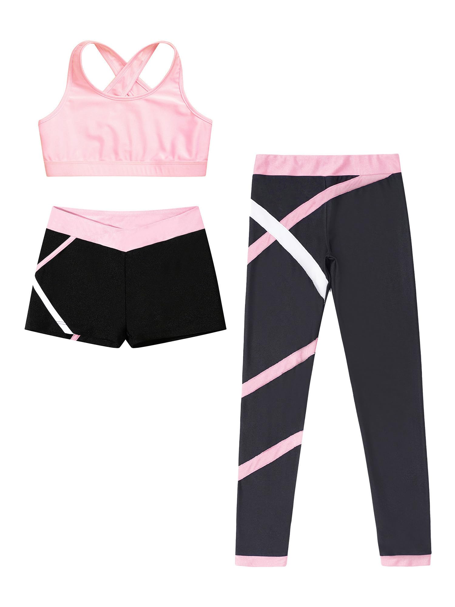 Mädchen Sportset Kinder Weste Kurz Mit Leggings Und Laufshorts Yoga Running Workout Outfit