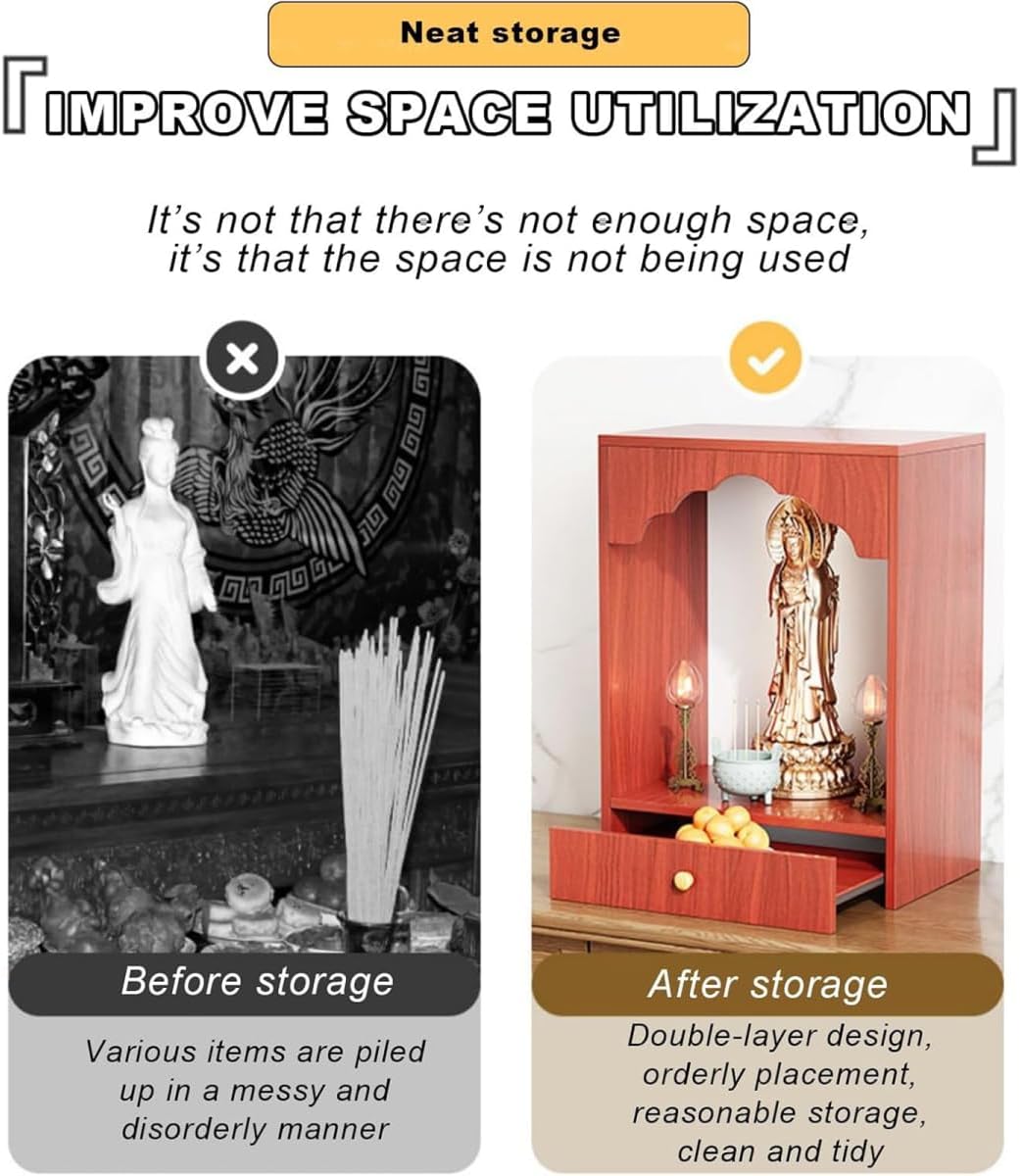 Wooden Home Buddha Altar Cabinet- Prayer Meditation Table with Drawer and Double Doors -Small Personal Shrine-Suitable for Enshrining Statues Praying and Worshiping Buddha
