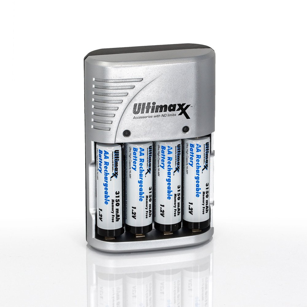 Ultimaxx 4 AA 3150 mAh NiMH Rechargeable Batteries with Rapid Travel Charger Adapter