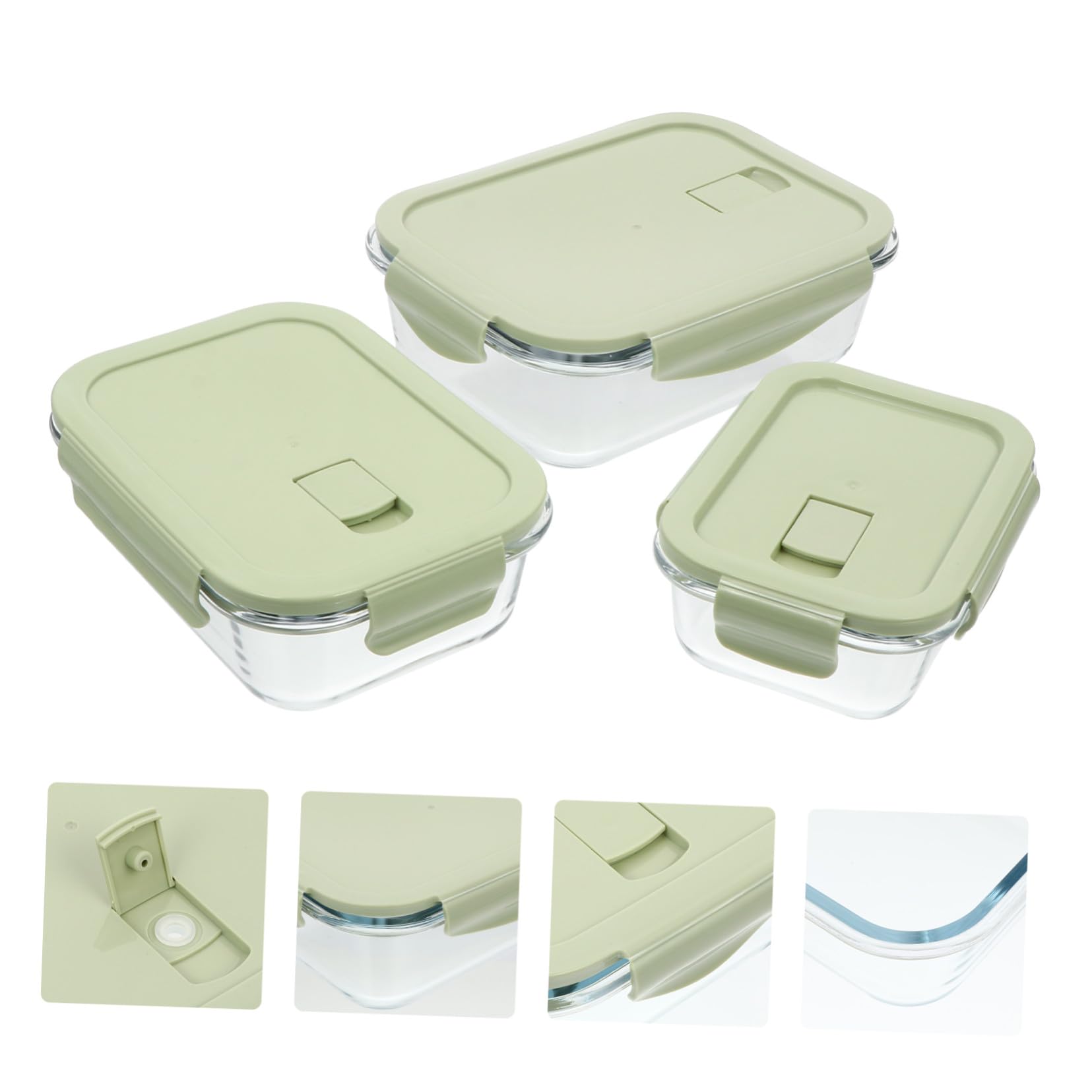 Hohopeti Boîte à Bento en Verre 3 Pièces Vert, Couvercle Pp Facile à Ouvrir