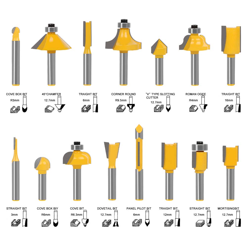 1/4 Inch Shank Router Bits Set, 15Pcs Tungsten Carbide Router Bit for Wood Trimmer, Home & DIY