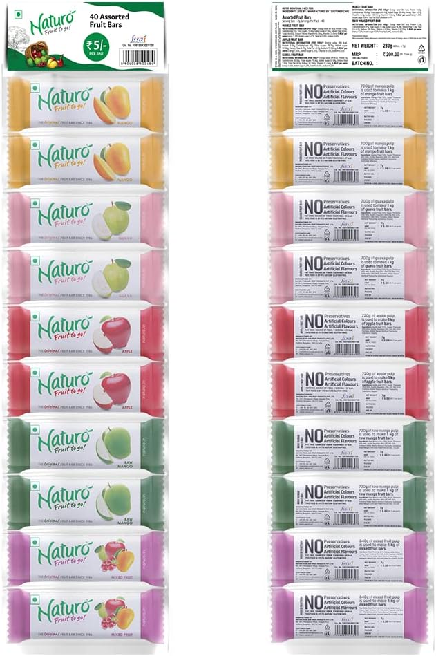 Naturo, Bars 2 Hanger Pack of 40 Each 10 GMS X, Assorted(Apple+Guava+Mango+Raw Mango+Mixed Fruit), 80 Count