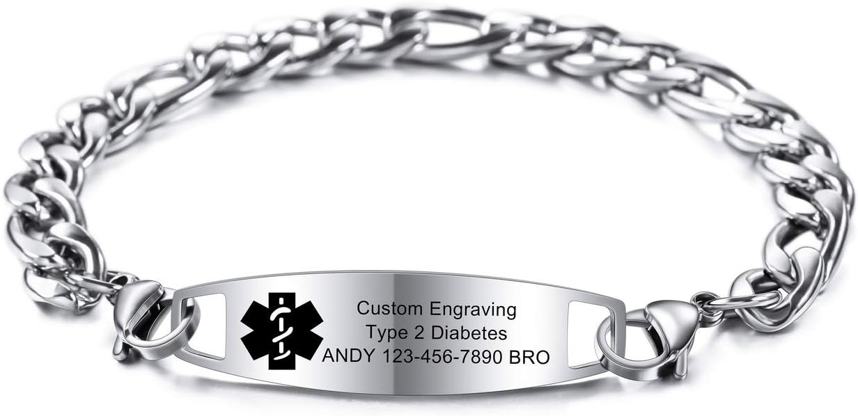 Alert Bracelet Custom Engraved, 6.5-8.7 Inches, Allergy Life Identification Name ID for Men Women Stainless Steel Chain Bracelets - (Bundle with Emergency Card, Holder)