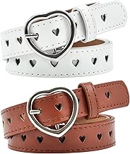 DKDDSSS 2 Pcs Girls Belt with Heart Shape Buckle for Kids, Child Belt, Adjustable PU Leather Belt, for Jeans Clothes Trousers, White And Brown, One size