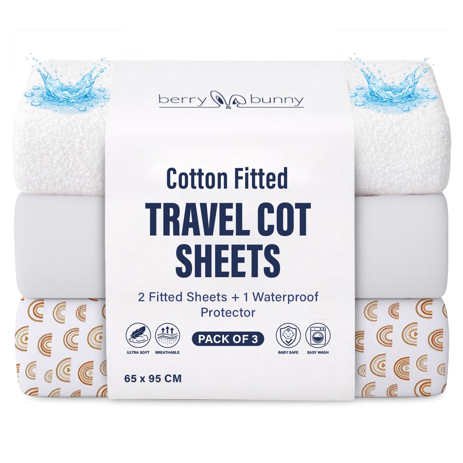 Berry & Bunny Terry White + White Rainbow 3 Pack Travel Cot Sheets 95 X 65 Cm – 100% Cotton 2 Fitted Sheets & 1 Waterproof Mattress Protector Cover – Soft Breathable Bedside Baby Cot Sheets For Baby Mattress – White Rainbow