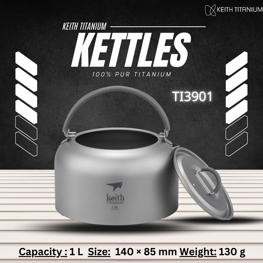 Keith Titanium Wasserkocher - Premium Leichter Campingwasserkocher zum Kochen von Wasser, Tee und Kaffee - Robuster, hitzebeständiger tragbarer Wasserkocher mit intelligenter Ausgussöffnung (1L)