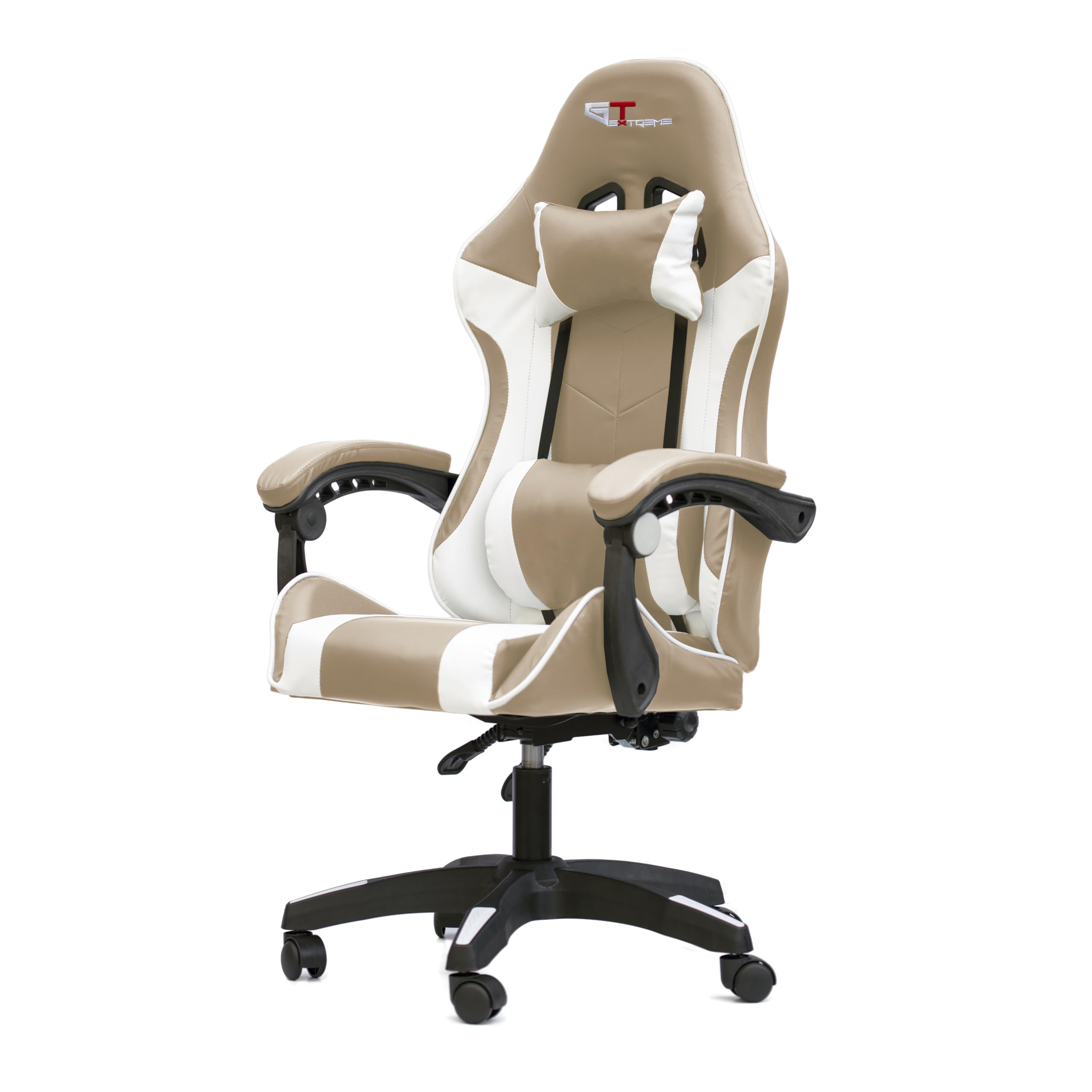 Silla de oficina para juegos GT Extreme de cuero ecológico (Beige y blanco)