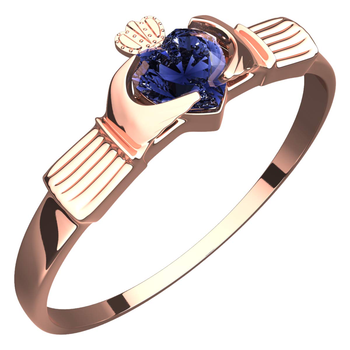 GWG Jewellery18K Rose Gold Coated Claddagh Ring with Heart Shaped Sapphire Blue Stone Under Crown in Gift Box for Women