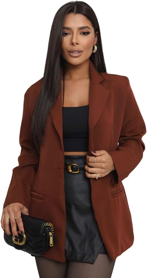 Blazer Feminino Alfaiataria Alongado Social Terninho (BR, Alfa, M, Regular, Regular, Marrom)
