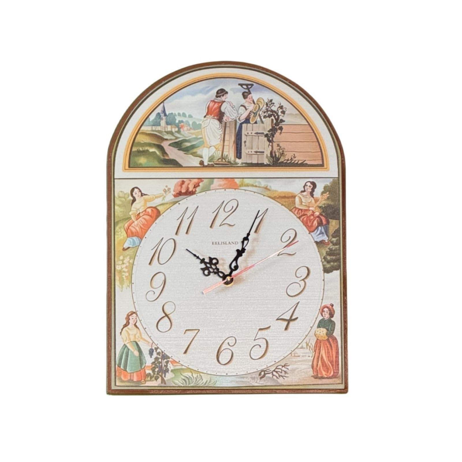 Horloge murale en bois rustique de 38x27 cm décor village européen vert