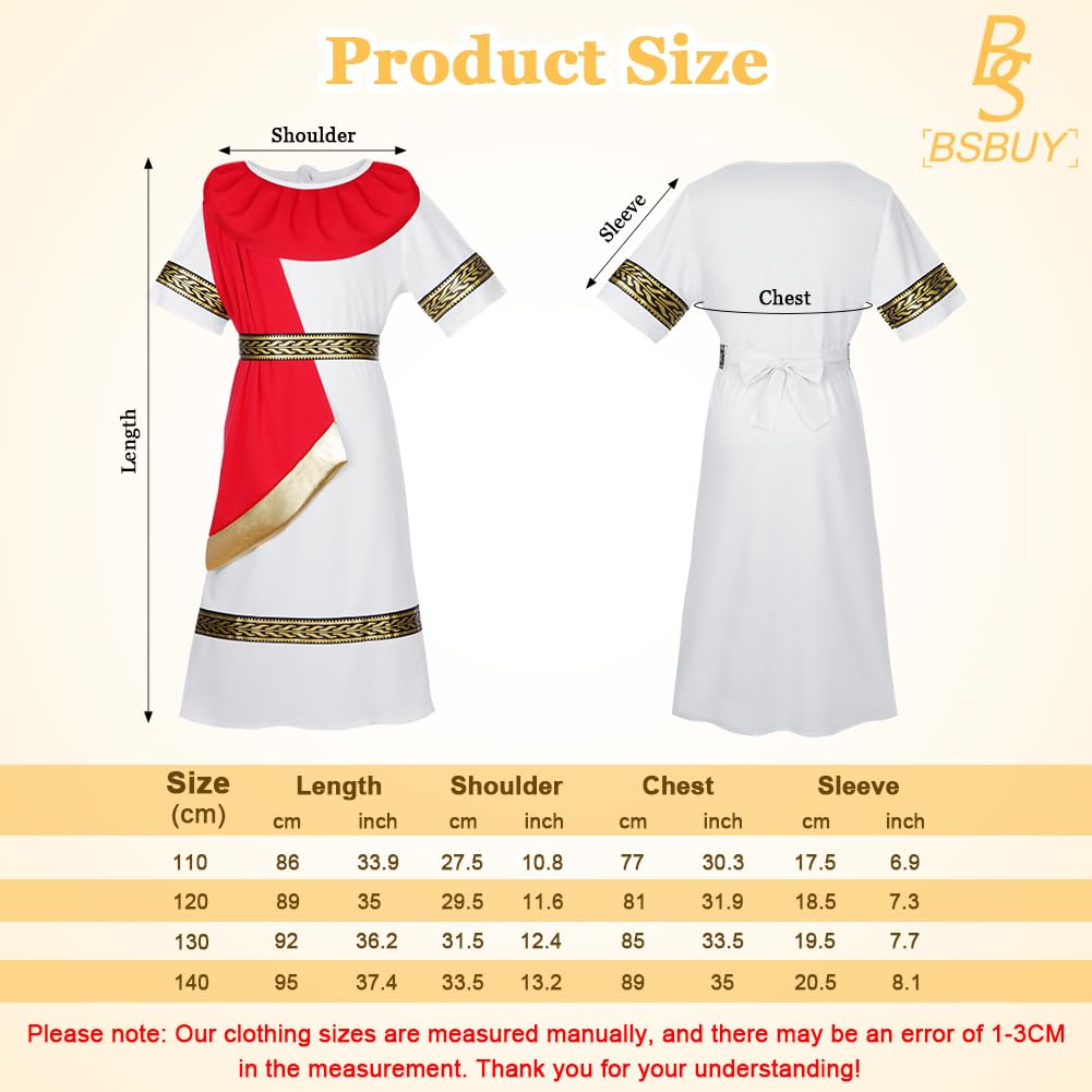 BSBUY Ancient Roman Greek Costume Girls Kids White Red Greek Goddess Long Robe Roman Toga Fancy Dress Costume Roman Dress Up Outfit with Belt Headband Wristband for Halloween World Book Day(120) - Image 2